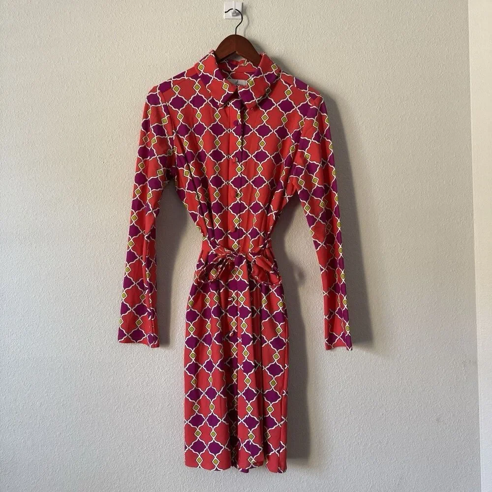 Jude Connally Moroccan Lattice shift dress Size L Red Pink Purple Geo Print Tie